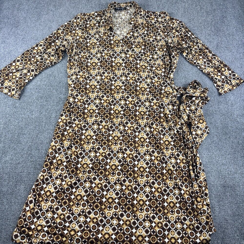 Spago Collection Wrap Dress M Brown Tan White Geo Print Long Sleeve Tie